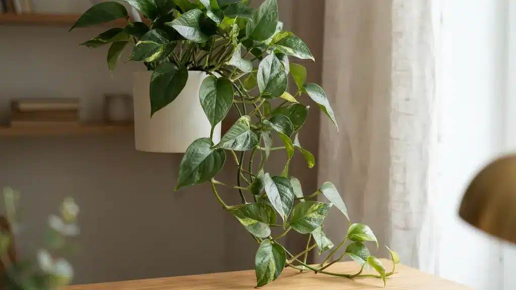Golden pothos trailing vines in focus with a softly blurred home office background.