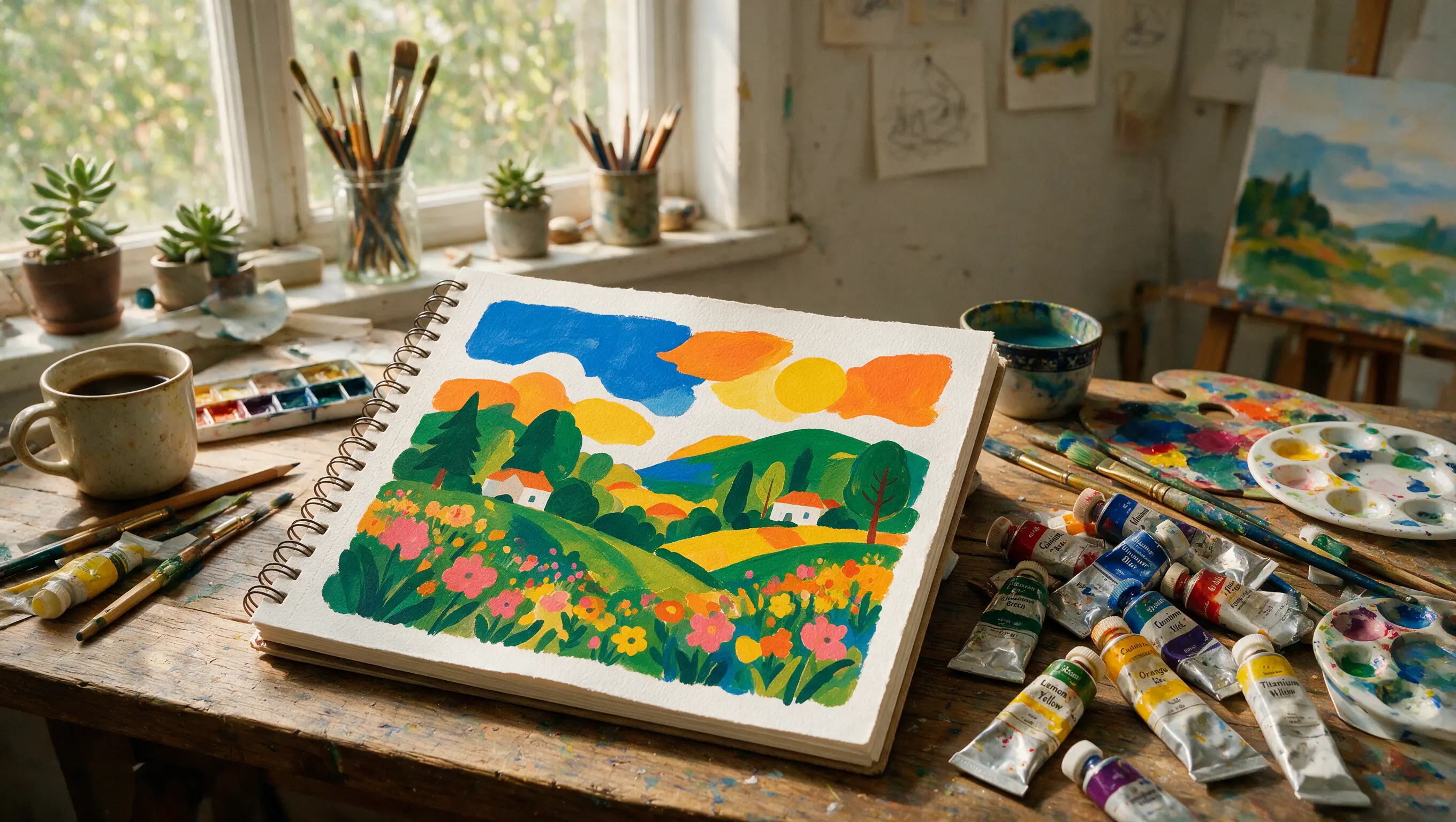 Gouache painting of a colorful countryside with hills, flowers, trees, and houses beside paint tubes and brushes.