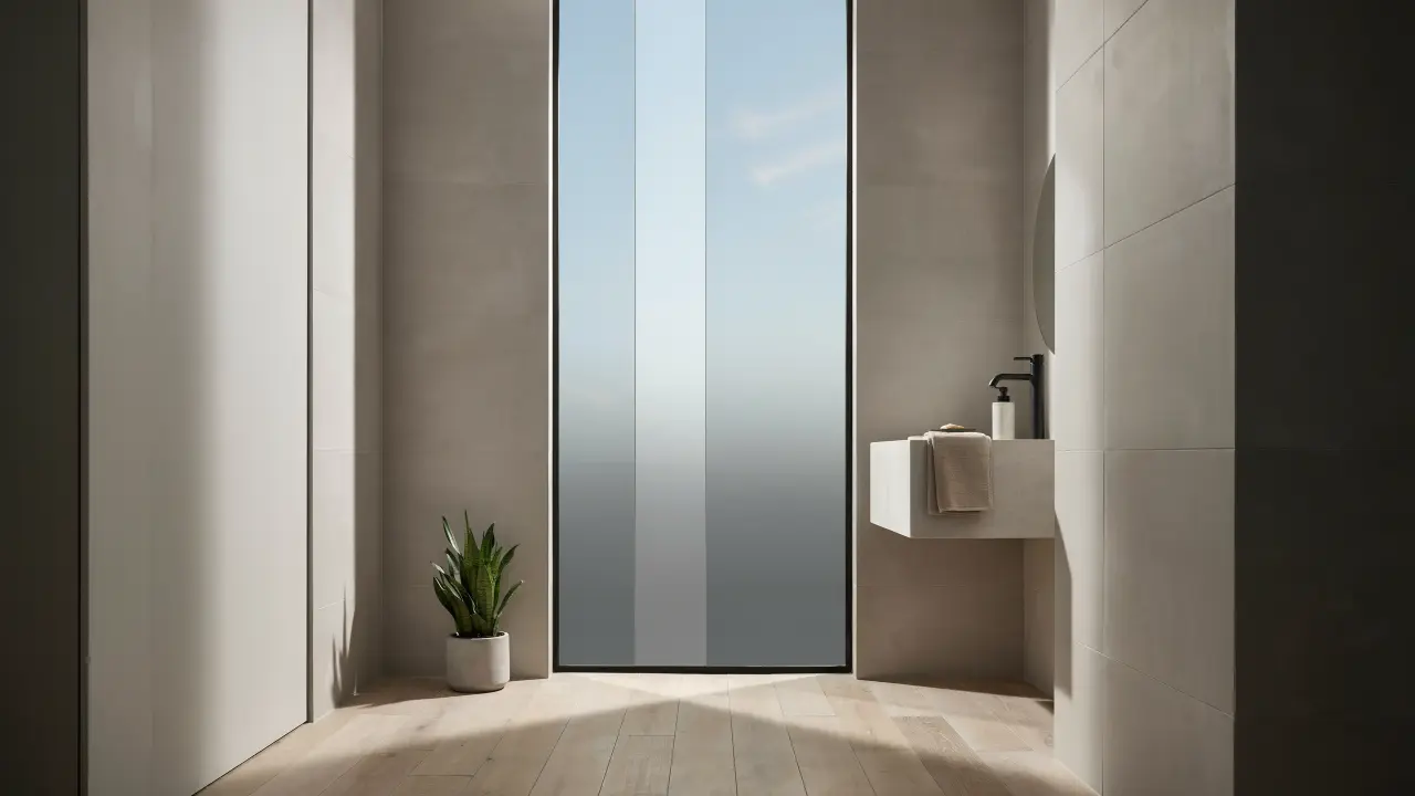 Gradient tinted glass coverings shifting opacity across a large window in a futuristic minimalist living space.