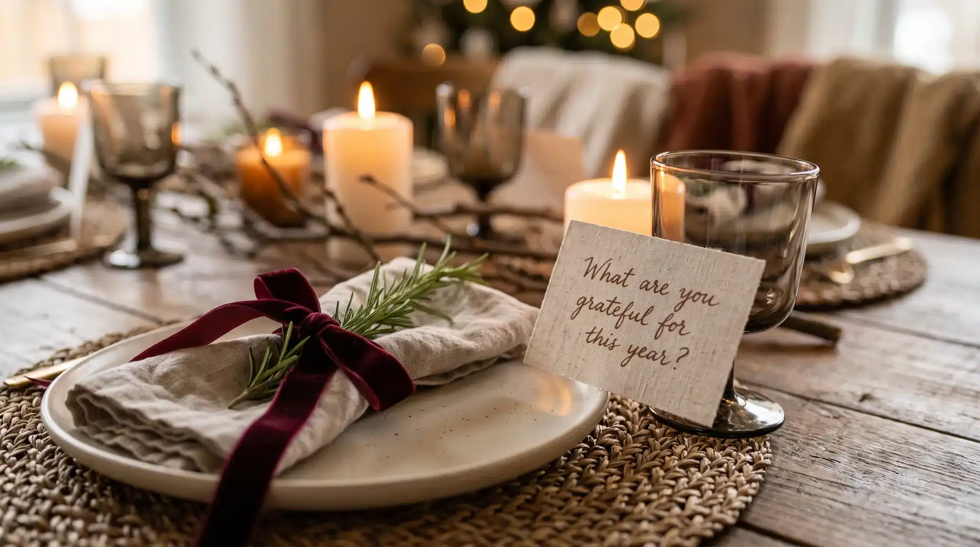 Handwritten gratitude card propped against a smoked glass beside a cream plate with burgundy ribbon napkin and rosemary sprig.