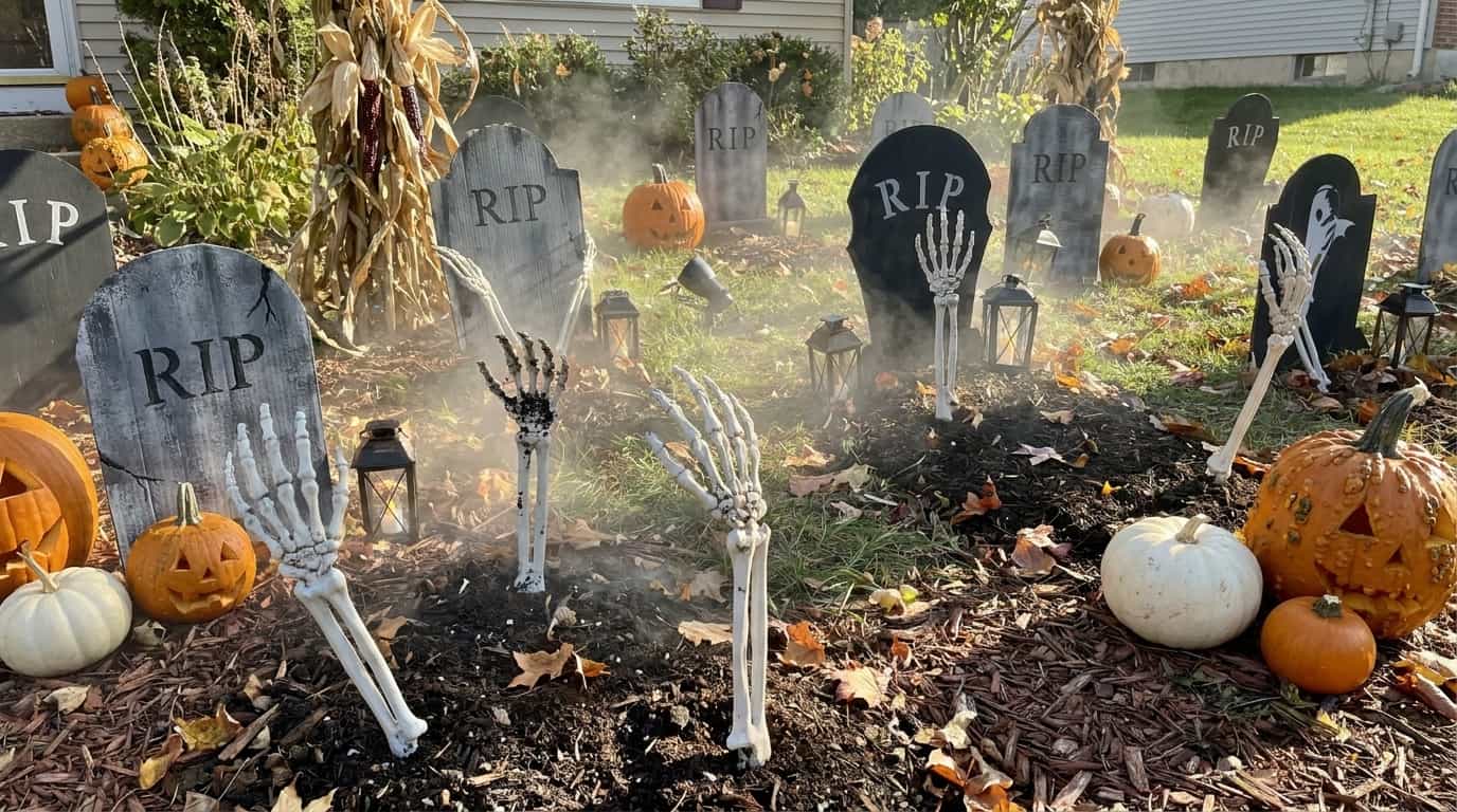 Halloween graveyard display with skeleton hands rising from the ground beside tombstones