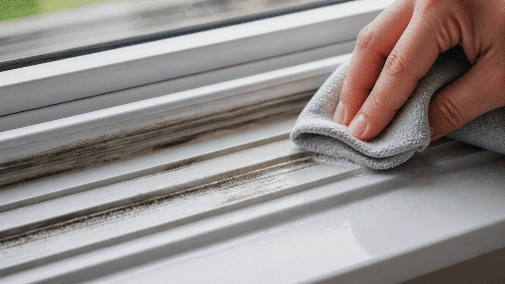 Cloth wiping grease from a window track with another clean cloth removing residue