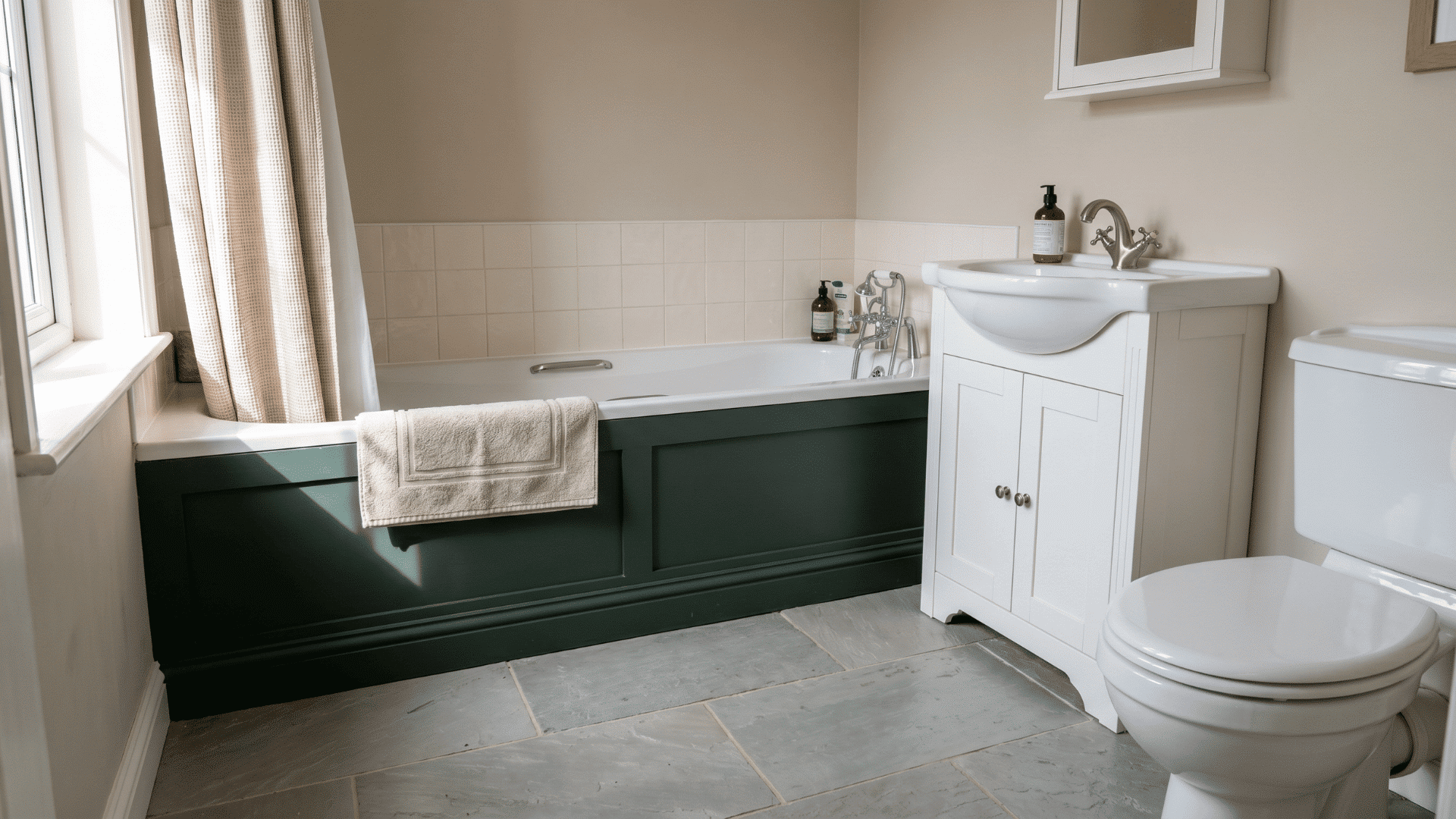 Bathroom with dark green tub panel, white vanity, bathtub, and toilet.