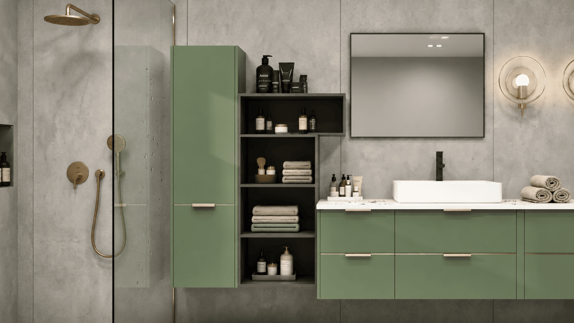 Modern bathroom with green cabinets, open shelves, shower, sink, and black accents.