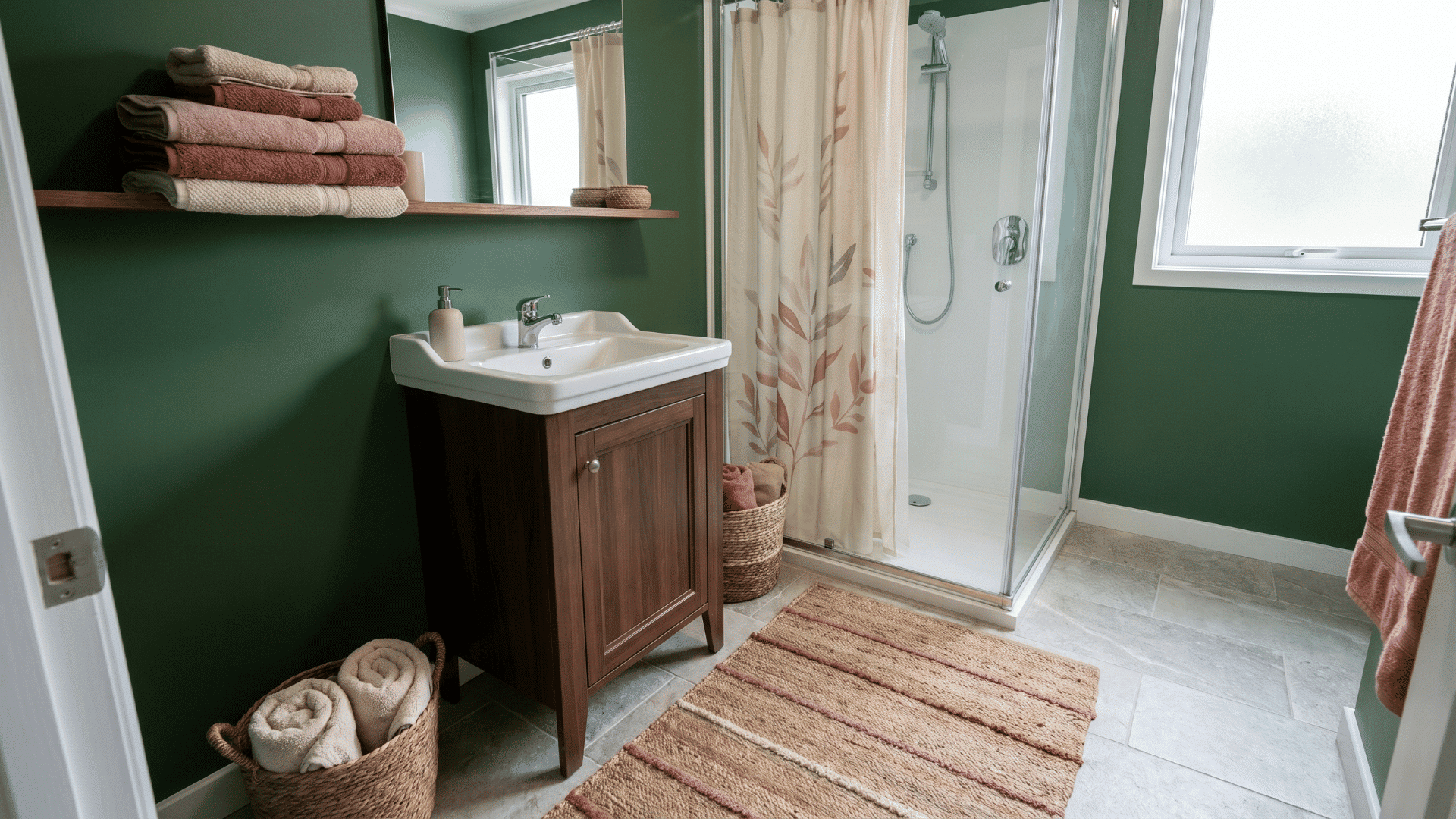 Forest green bathroom with wood vanity, glass shower, towels, and neutral decor.