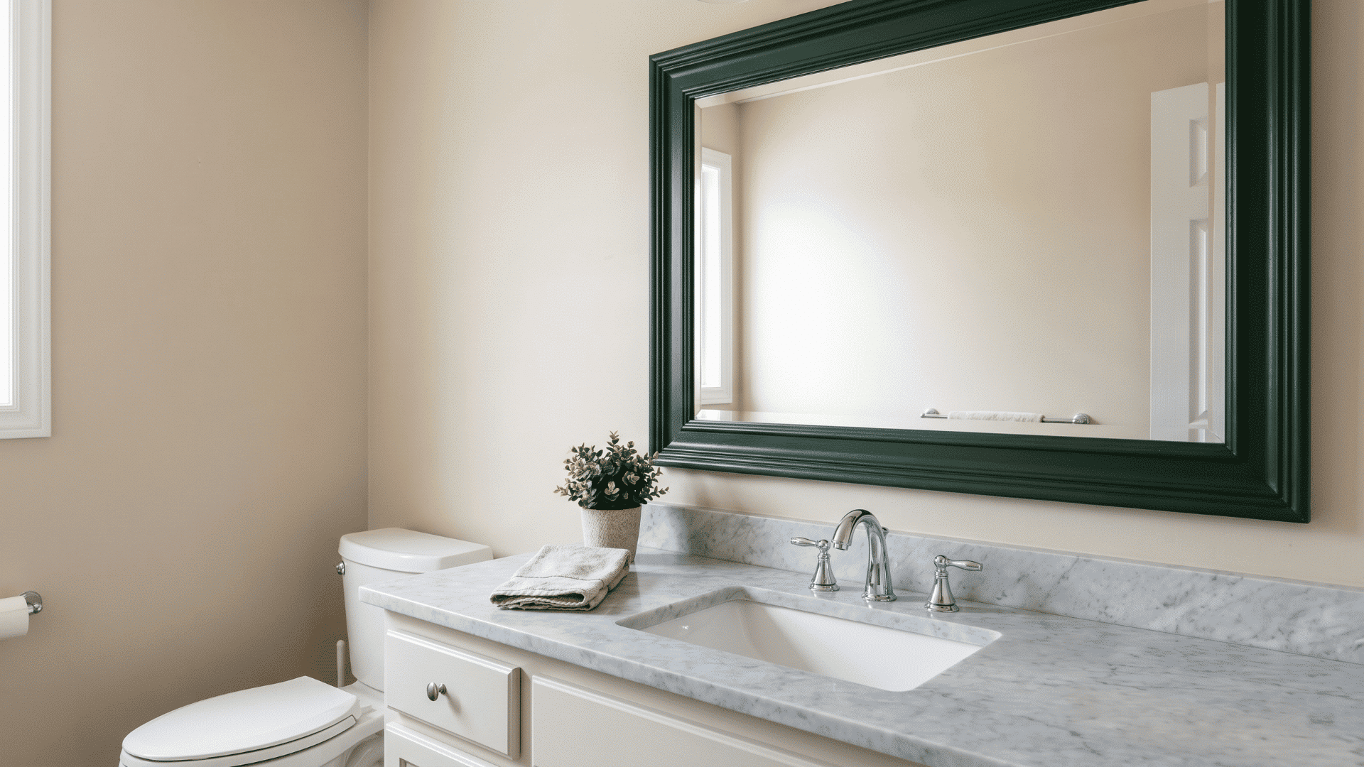 Bathroom with dark green framed mirror, marble vanity, sink, and white toilet.
