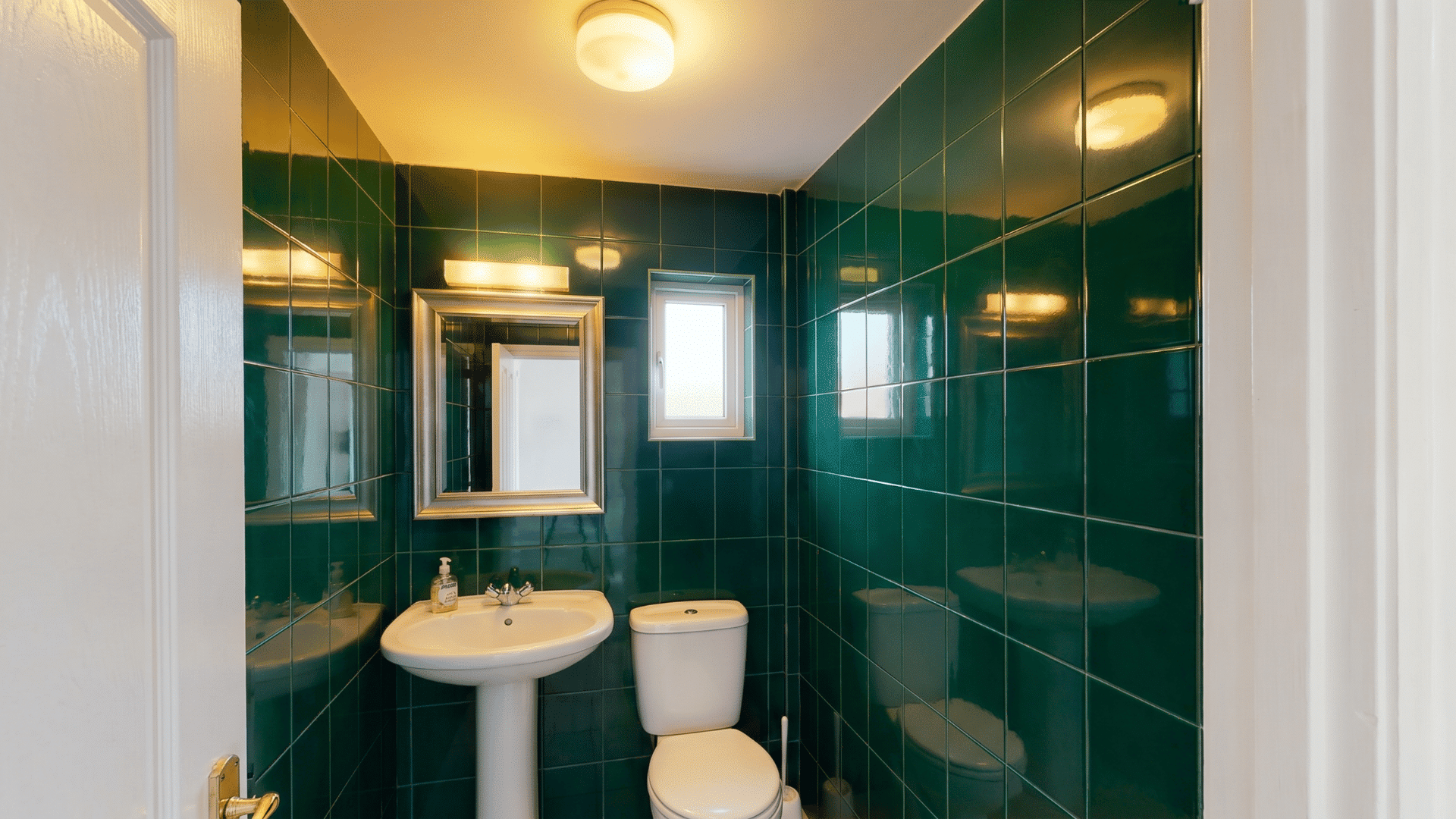 Small bathroom with glossy dark green tiles, mirror, pedestal sink, and toilet.