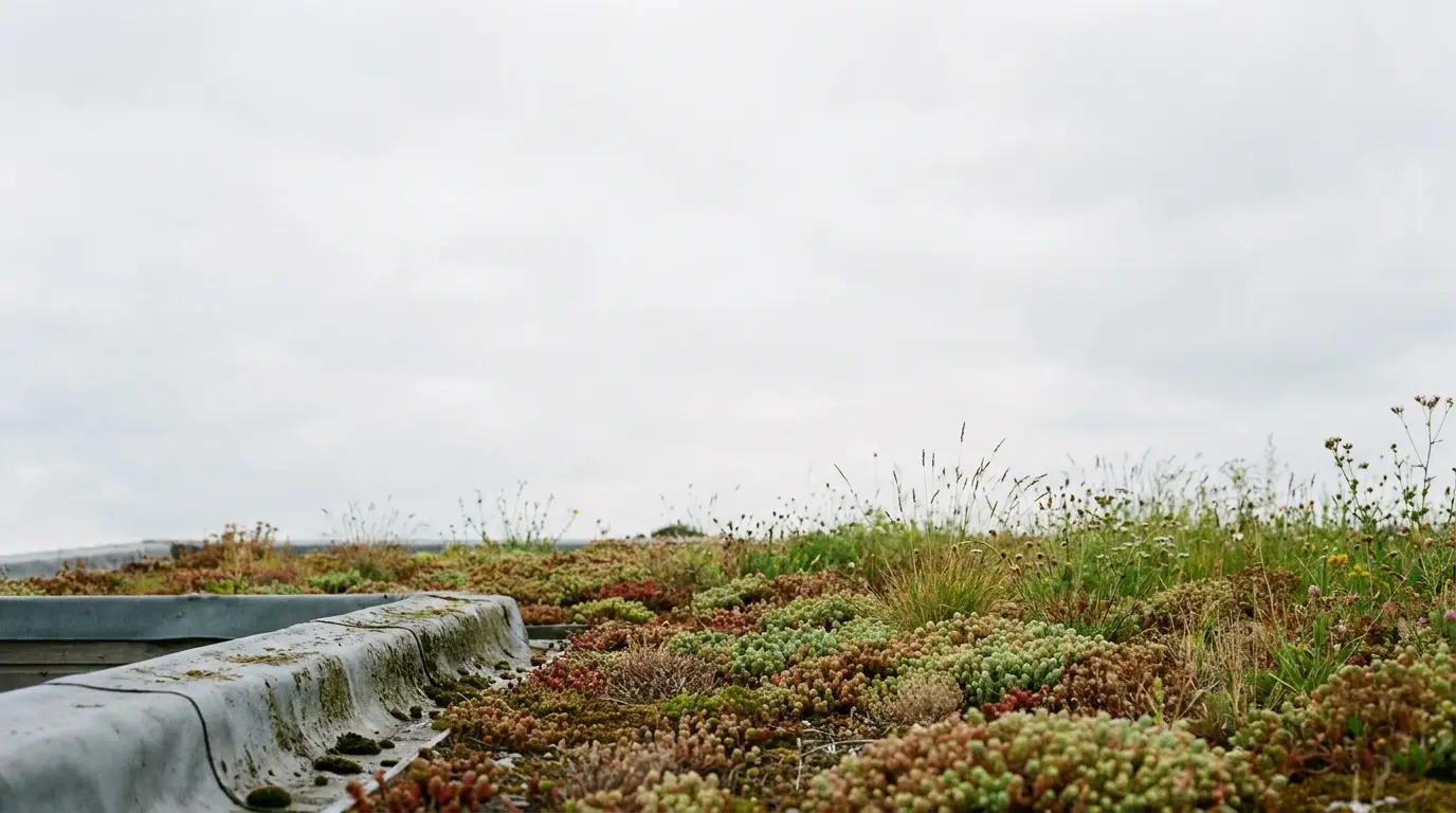 Green roof with diverse plant cover under overcast sky