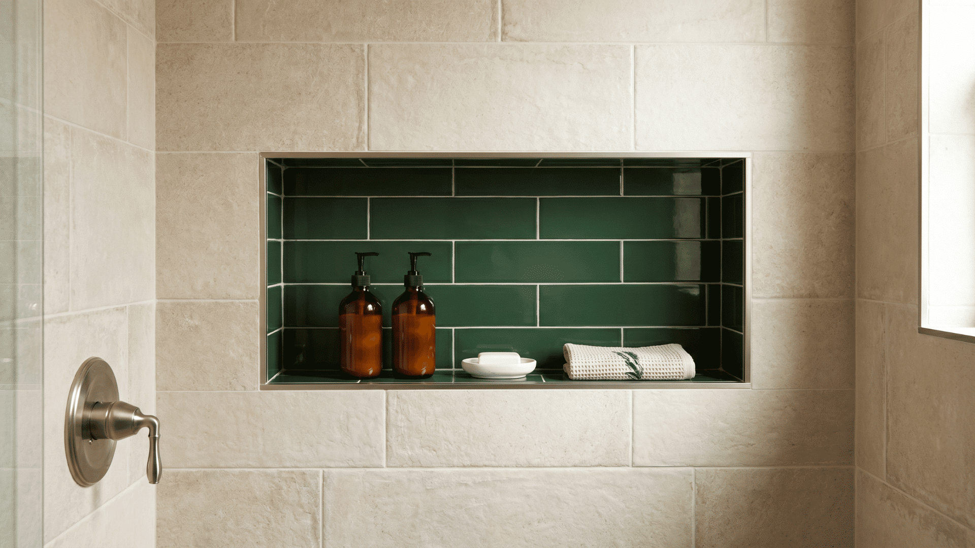 Shower niche with forest green tiles, beige walls, toiletries, and built-in shelf.