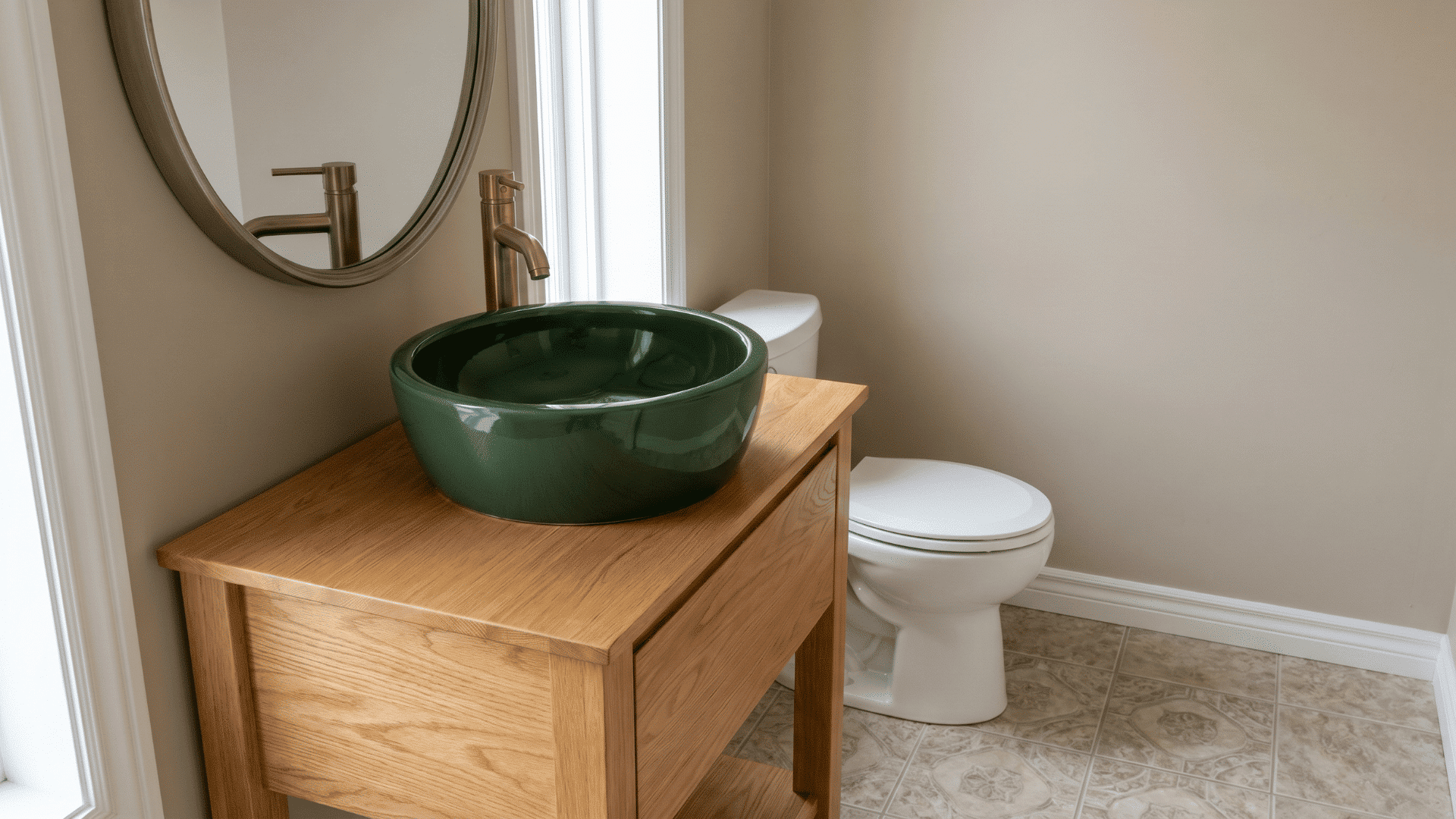 Bathroom with dark green vessel sink, wood vanity, mirror, faucet, and toilet.