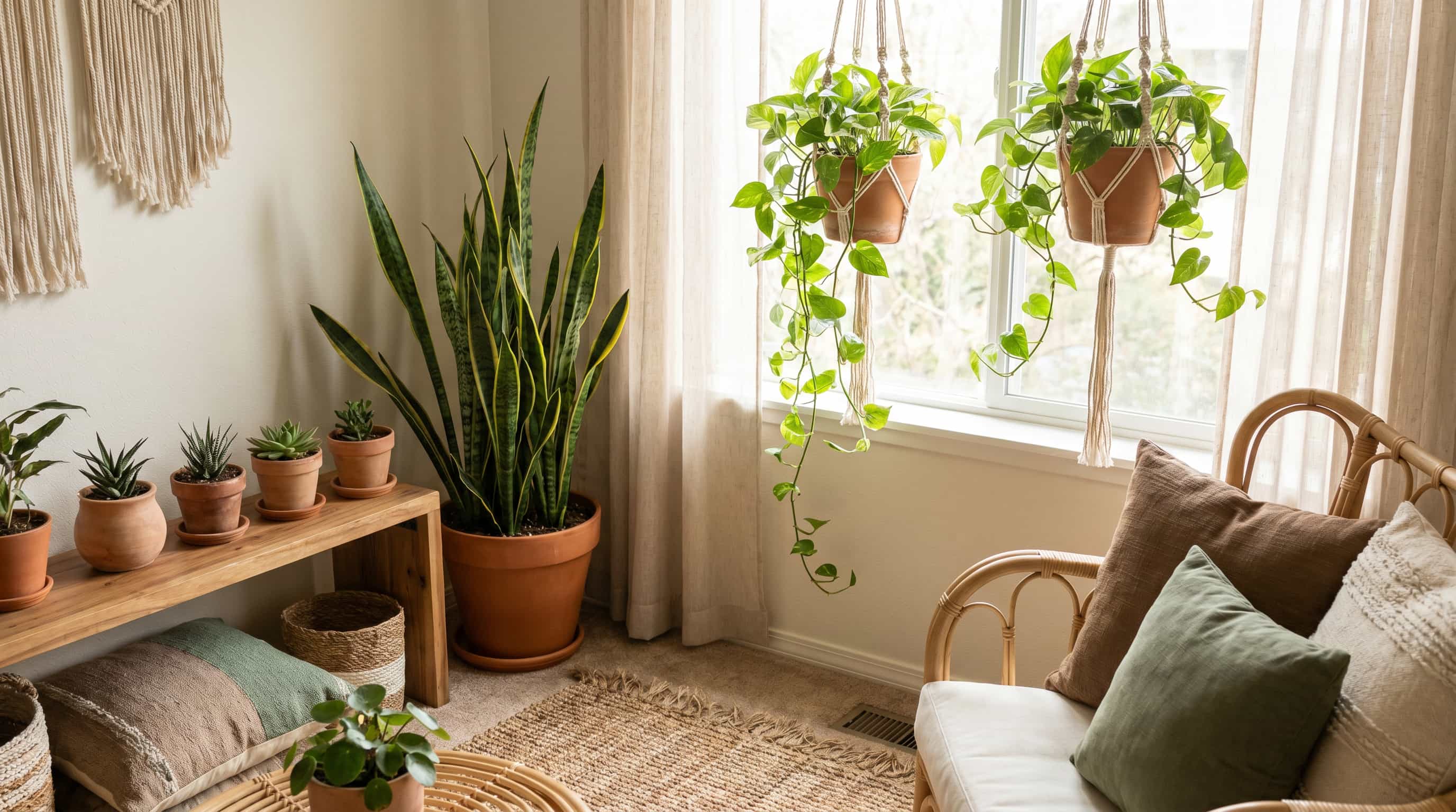 Bohemian interior design plant corner with greenery arranged at different heights beside woven and wooden furnishings.