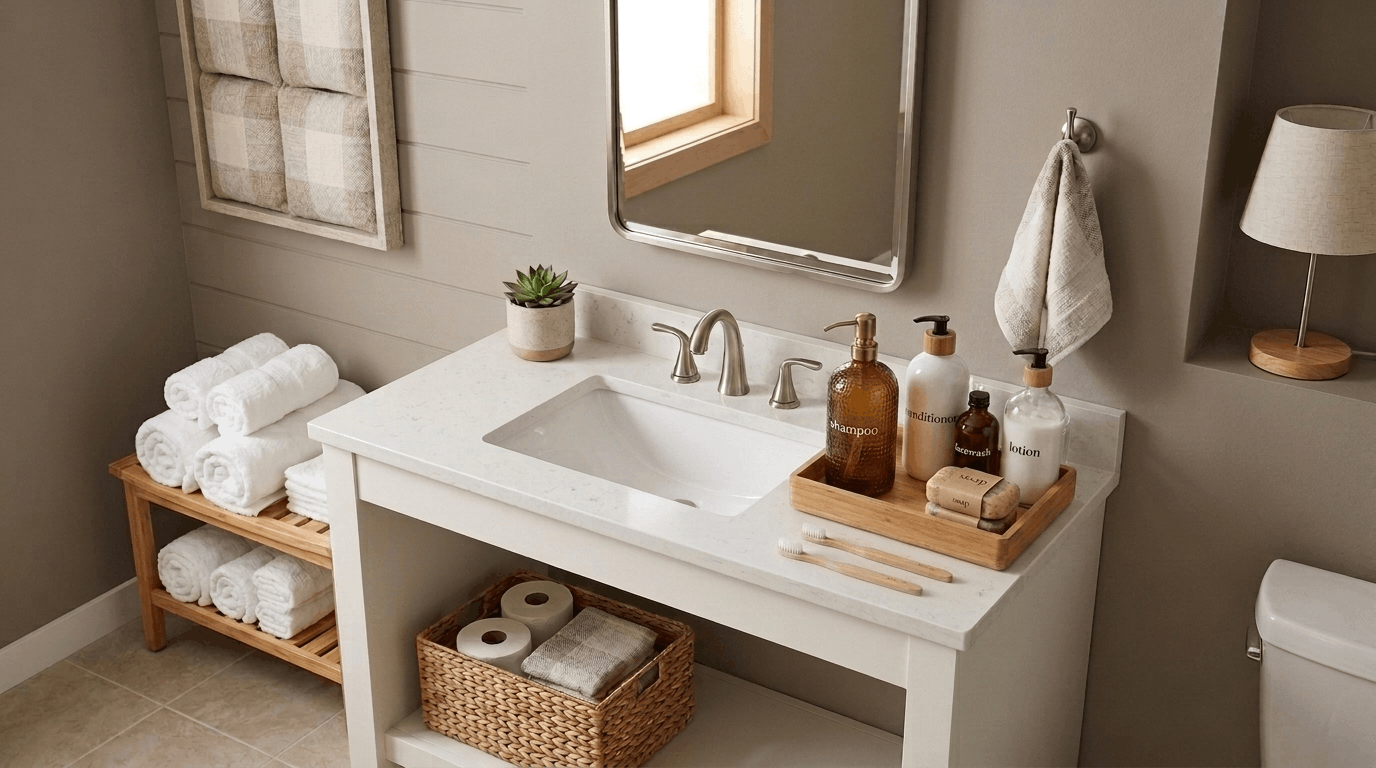 Guest bathroom with towels, toiletries basket, and organized visitor essentials
