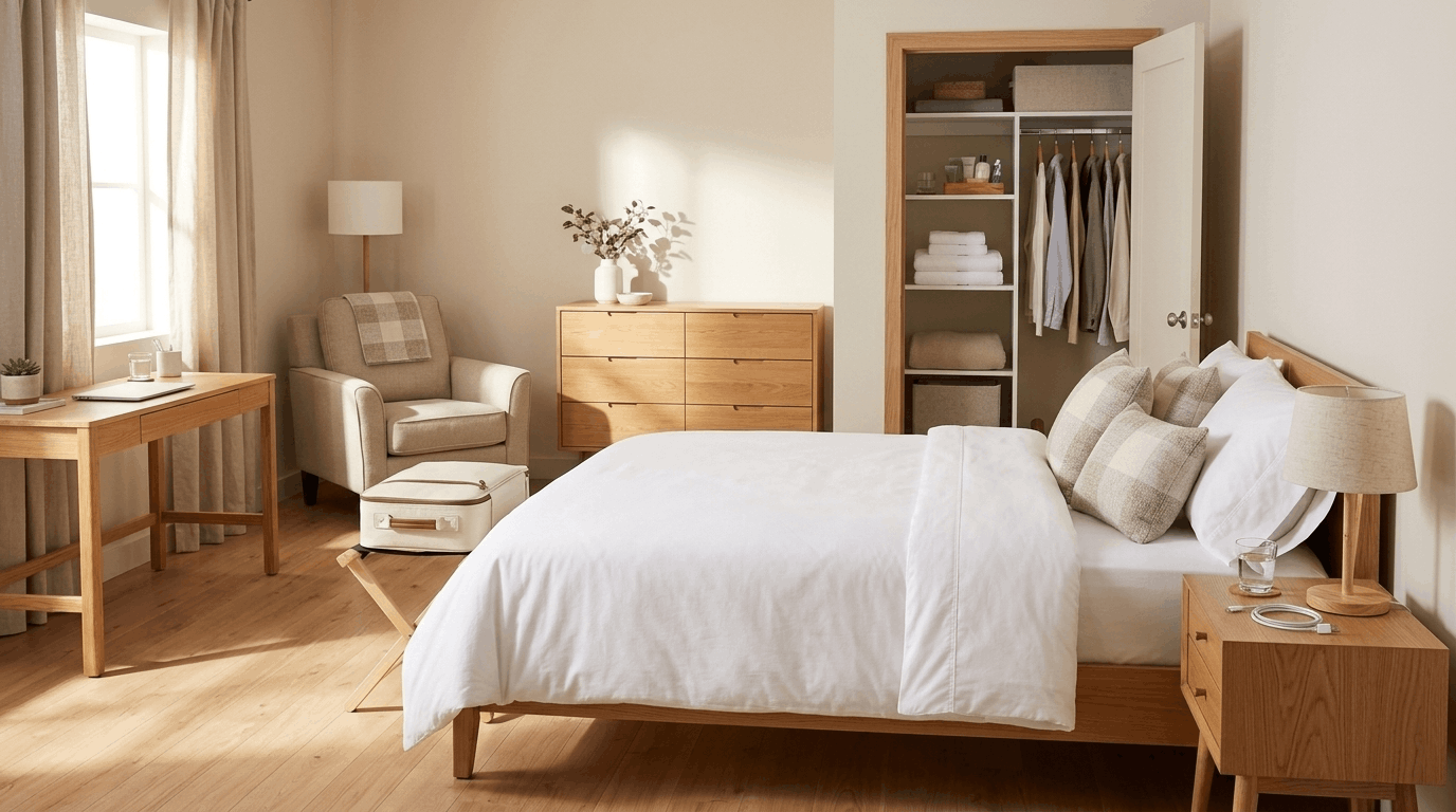 Guest bedroom with essential furniture including seating, luggage rack, and storage