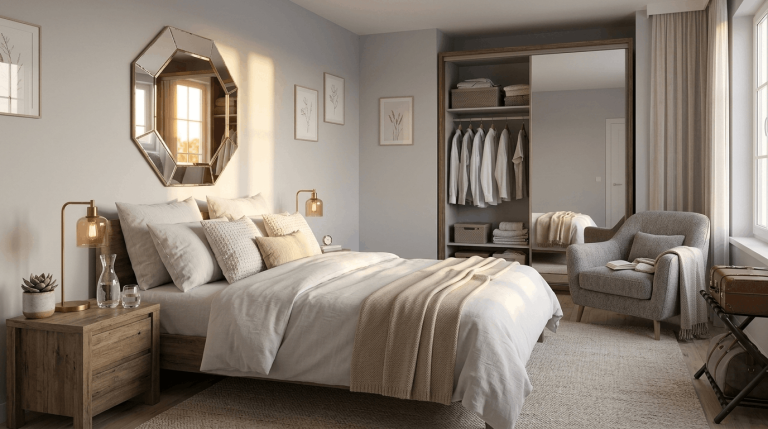 Modern guest room setup with bedding, nightstand, chair, and essential comfort items