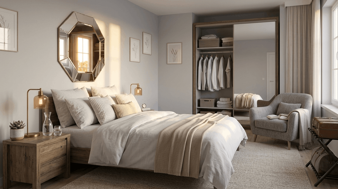Modern guest room setup with bedding, nightstand, chair, and essential comfort items