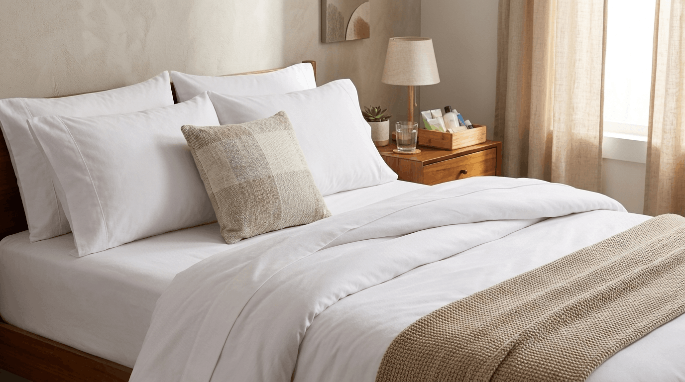 Guest bed with layered bedding, pillows, blanket, and bedside lighting for comfort