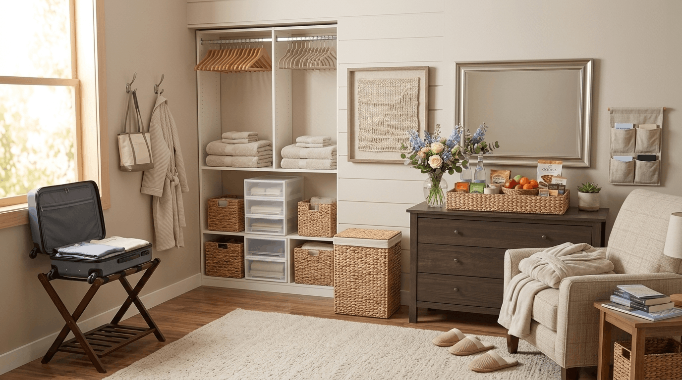 Organized guest room storage with closet space, hangers, baskets, and luggage area