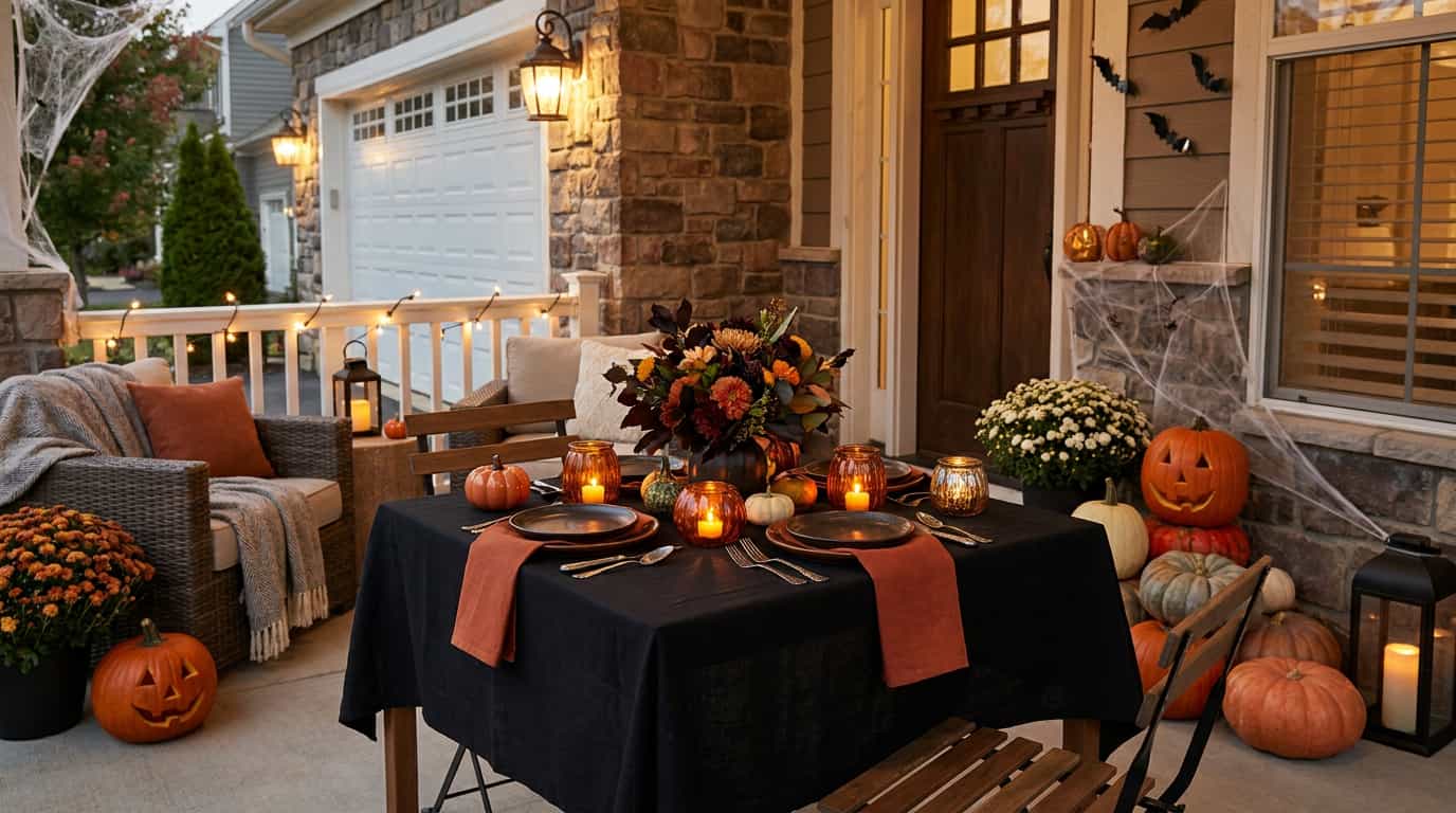 Halloween outdoor dining table decorated with pumpkins, candles, and seasonal accents