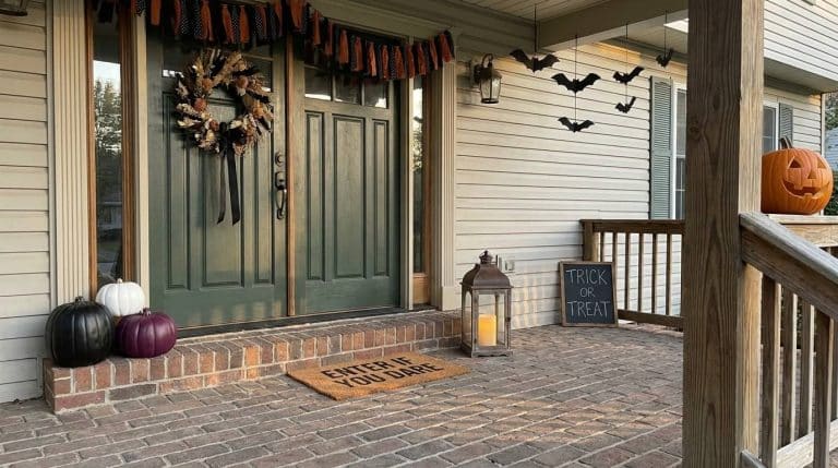 Front porch decorated with Halloween door ideas including a dried floral wreath, painted pumpkins and other things.