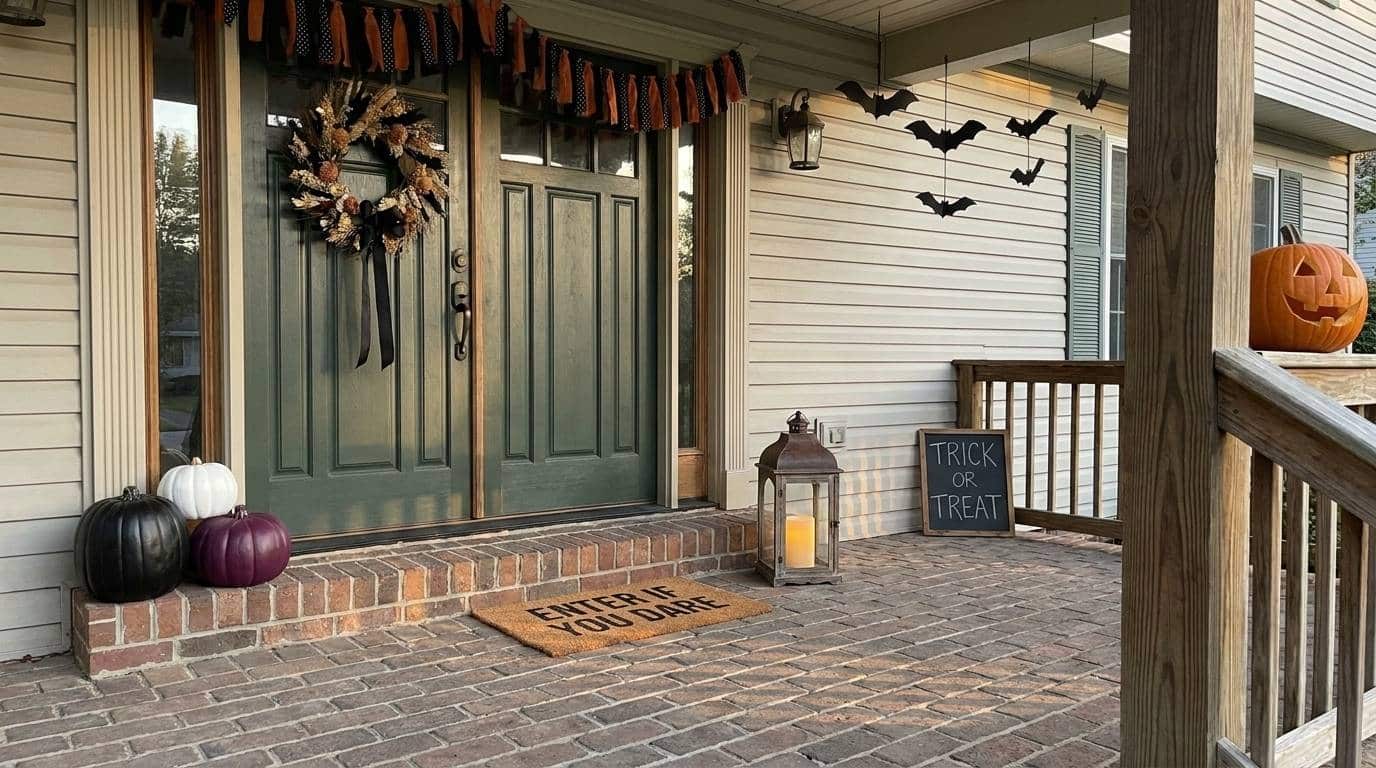 Front porch decorated with Halloween door ideas including a dried floral wreath, painted pumpkins and other things.