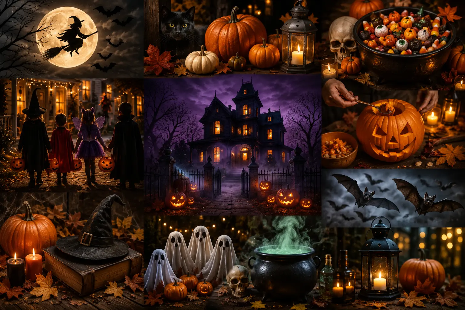 Halloween collage with pumpkins, costumes, haunted house, bats, candy, ghosts, and spooky decorations at night.