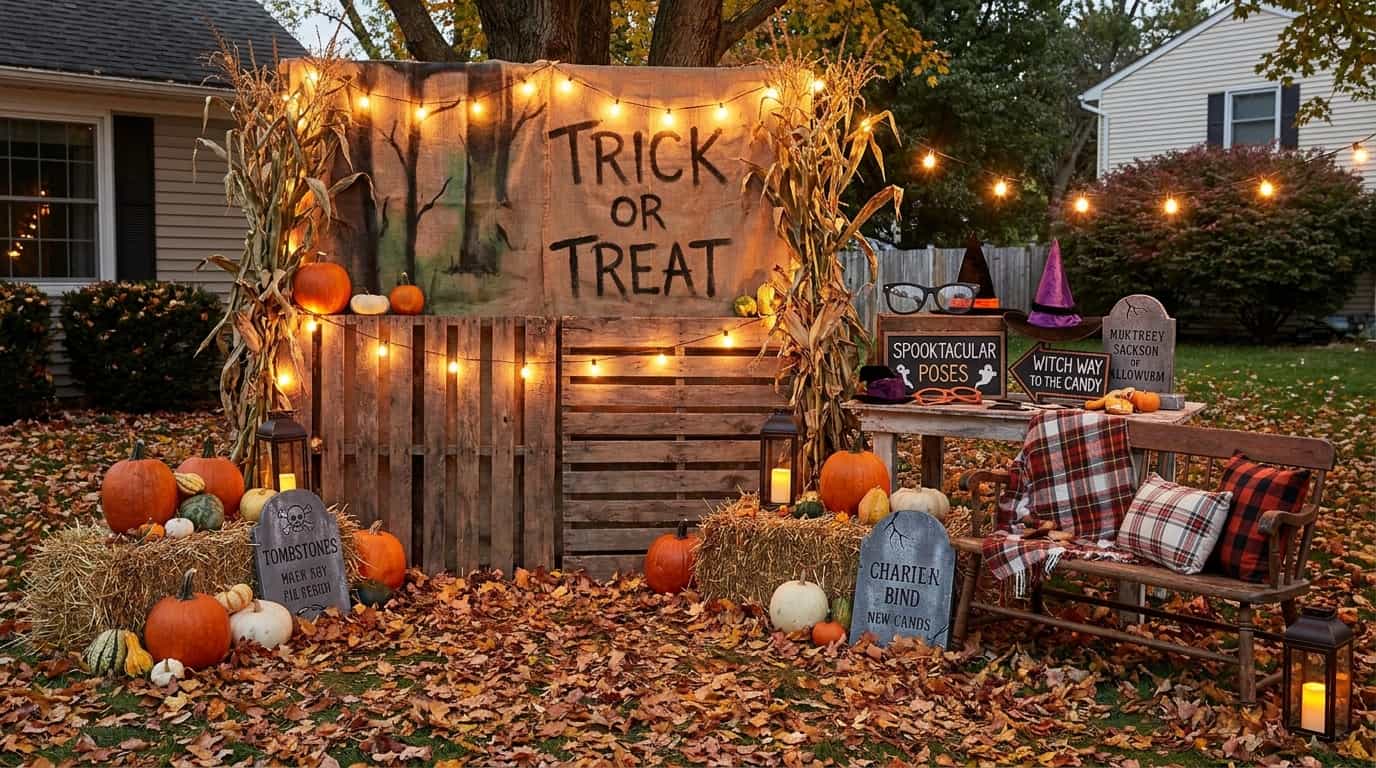 Outdoor Halloween photo booth setup with backdrop and themed decorations