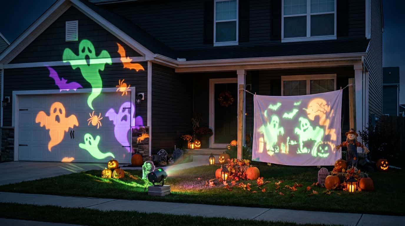 Halloween projector display showing spooky images on a house exterior at night