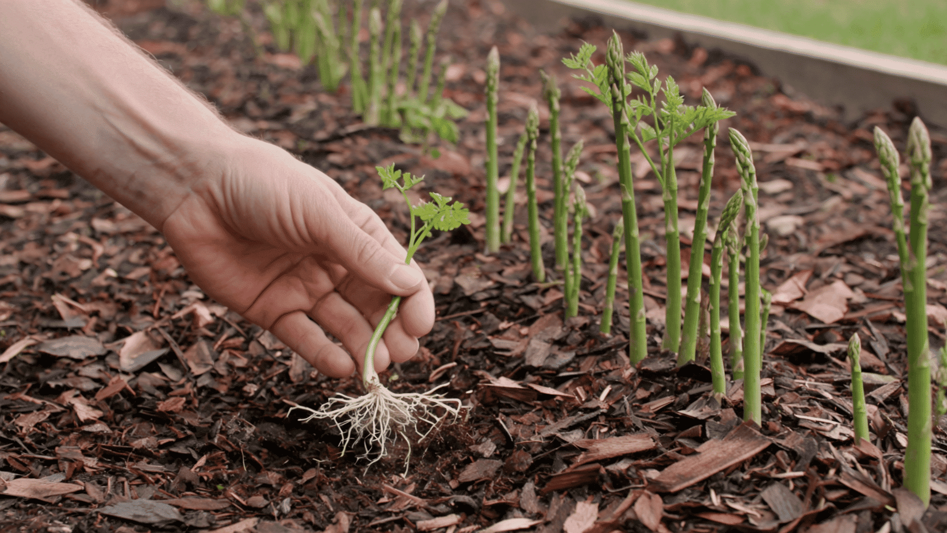 Hand pulling a small weed from a mulched asparagus bed beside young asparagus shoots