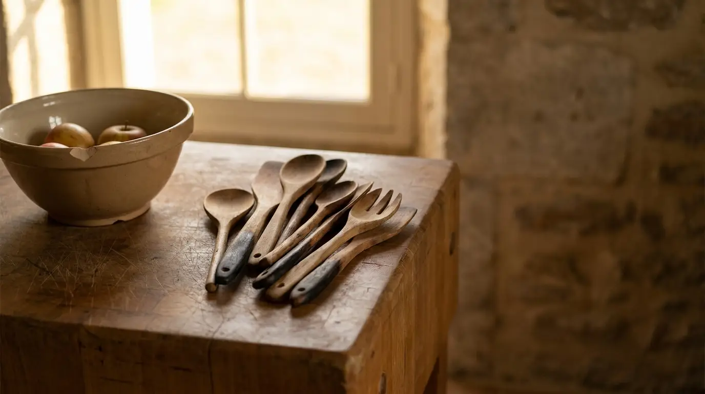 Rustic wooden utensils and ceramic bowl on wooden countertop in warm-lit kitchen setting