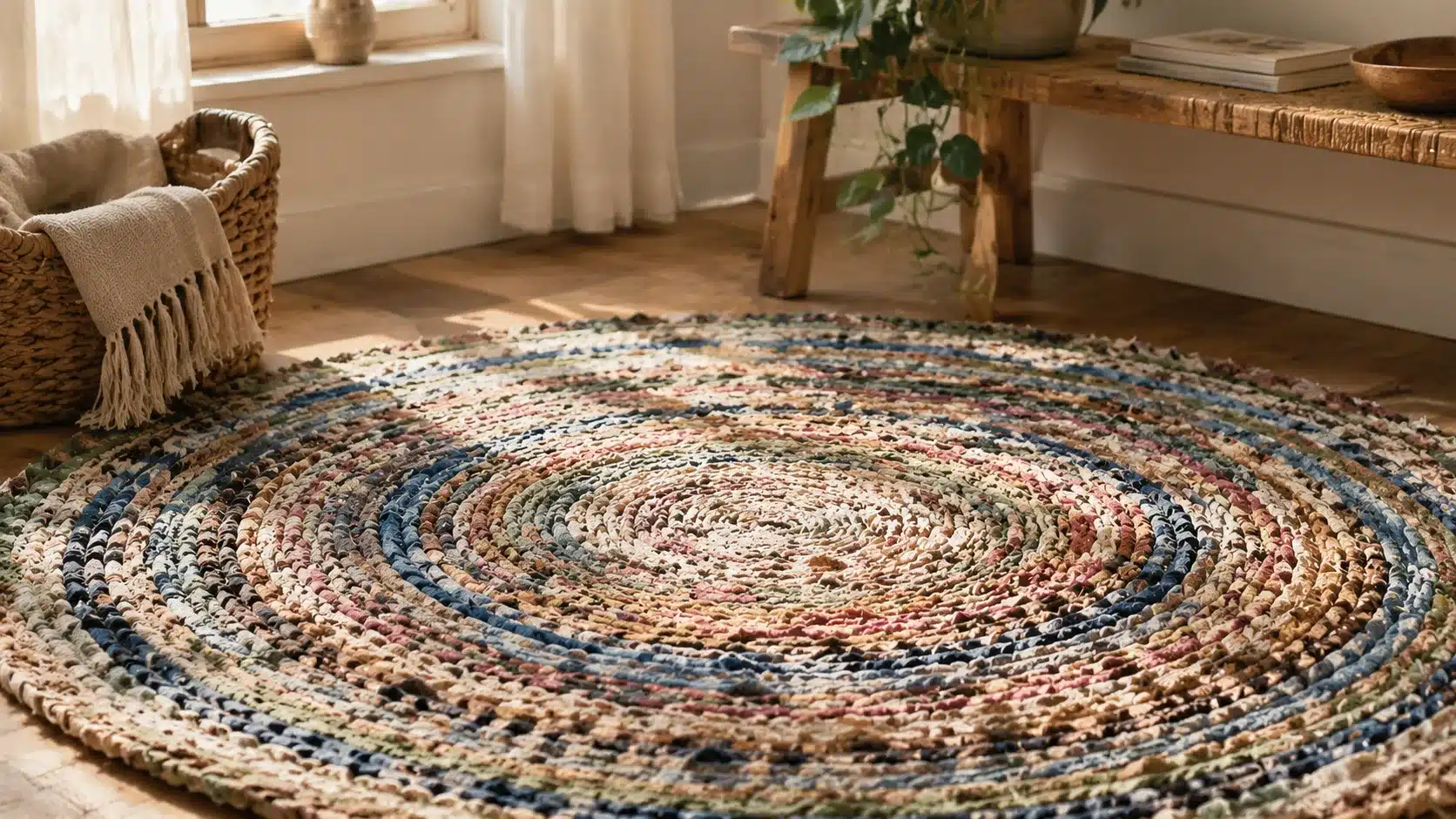 Round handmade rag rug with colorful fabric strips placed on a wooden floor in a cozy sunlit room