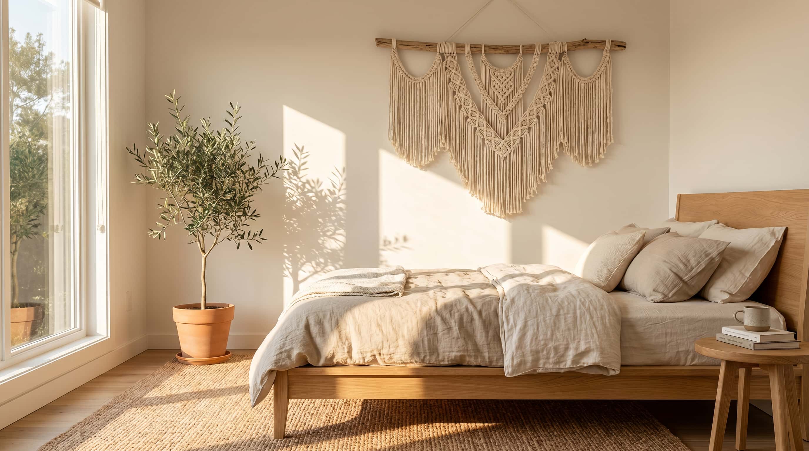 Bohemian interior design bedroom featuring a large macrame wall hanging, linen bedding, and natural wood furnishings.