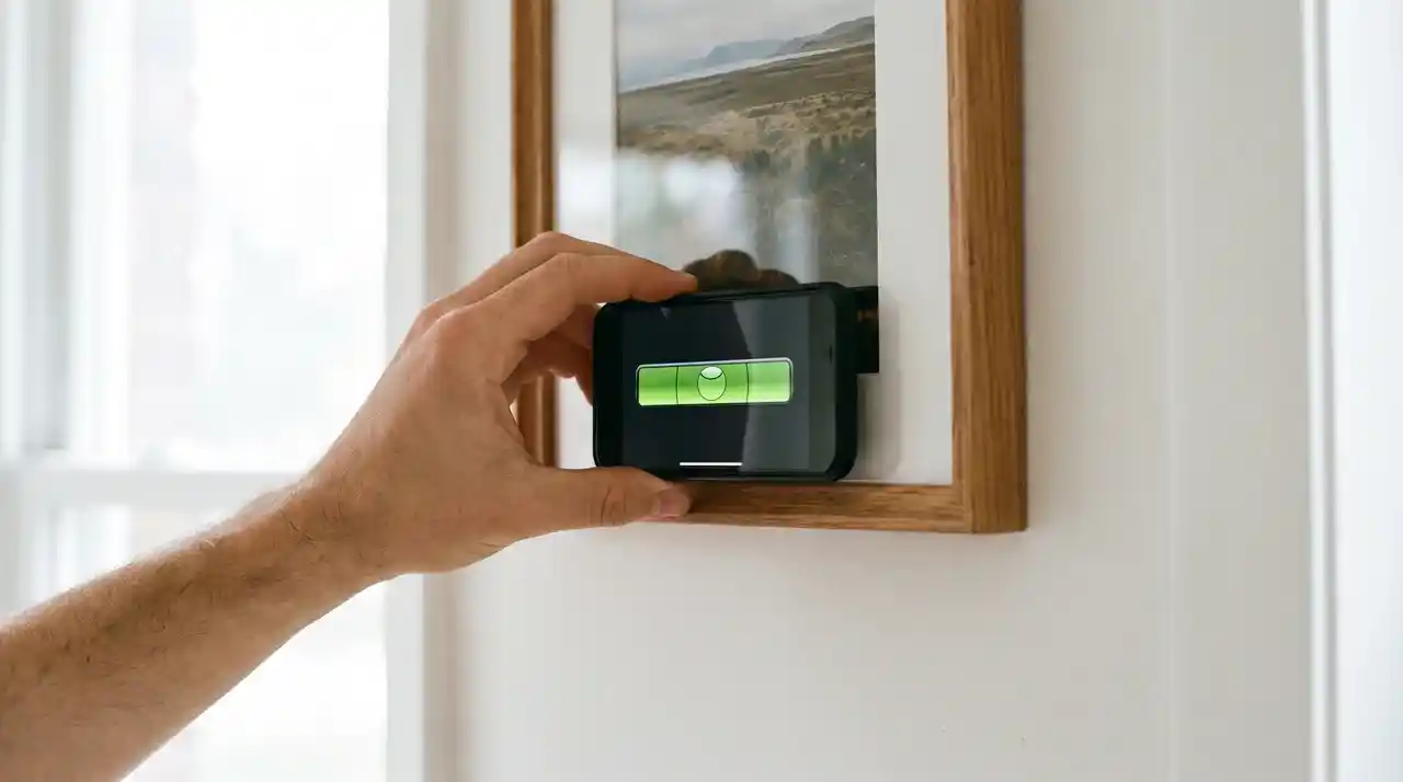 Phone level app held against a picture frame on wall showing how to check level when you hang pictures on wall.