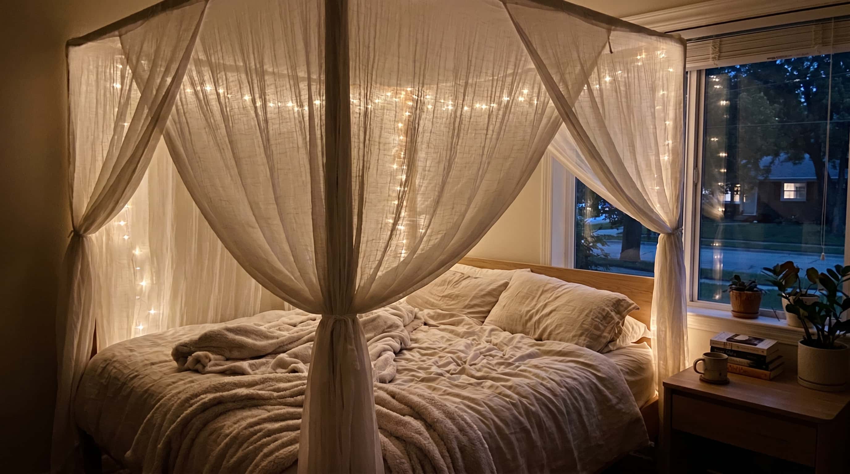 Bohemian interior design bedroom with sheer canopy, string lights, cozy bedding, and warm ambient lighting.