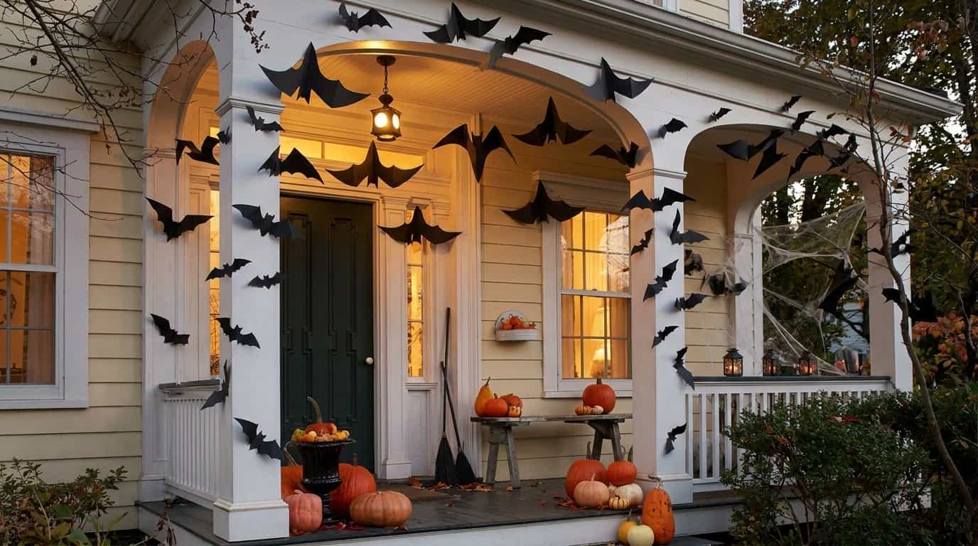 Outdoor Halloween display with black bats flying across a porch