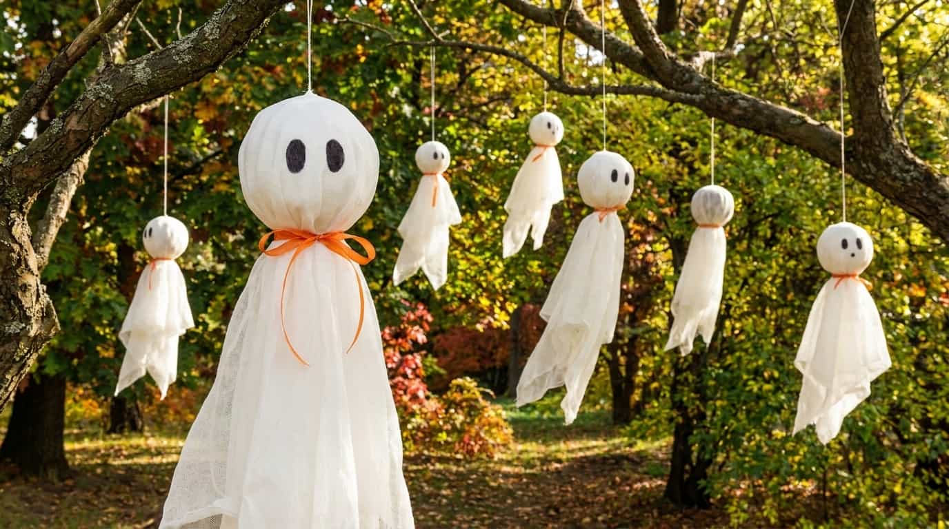DIY ghost figures floating from trees in an outdoor display