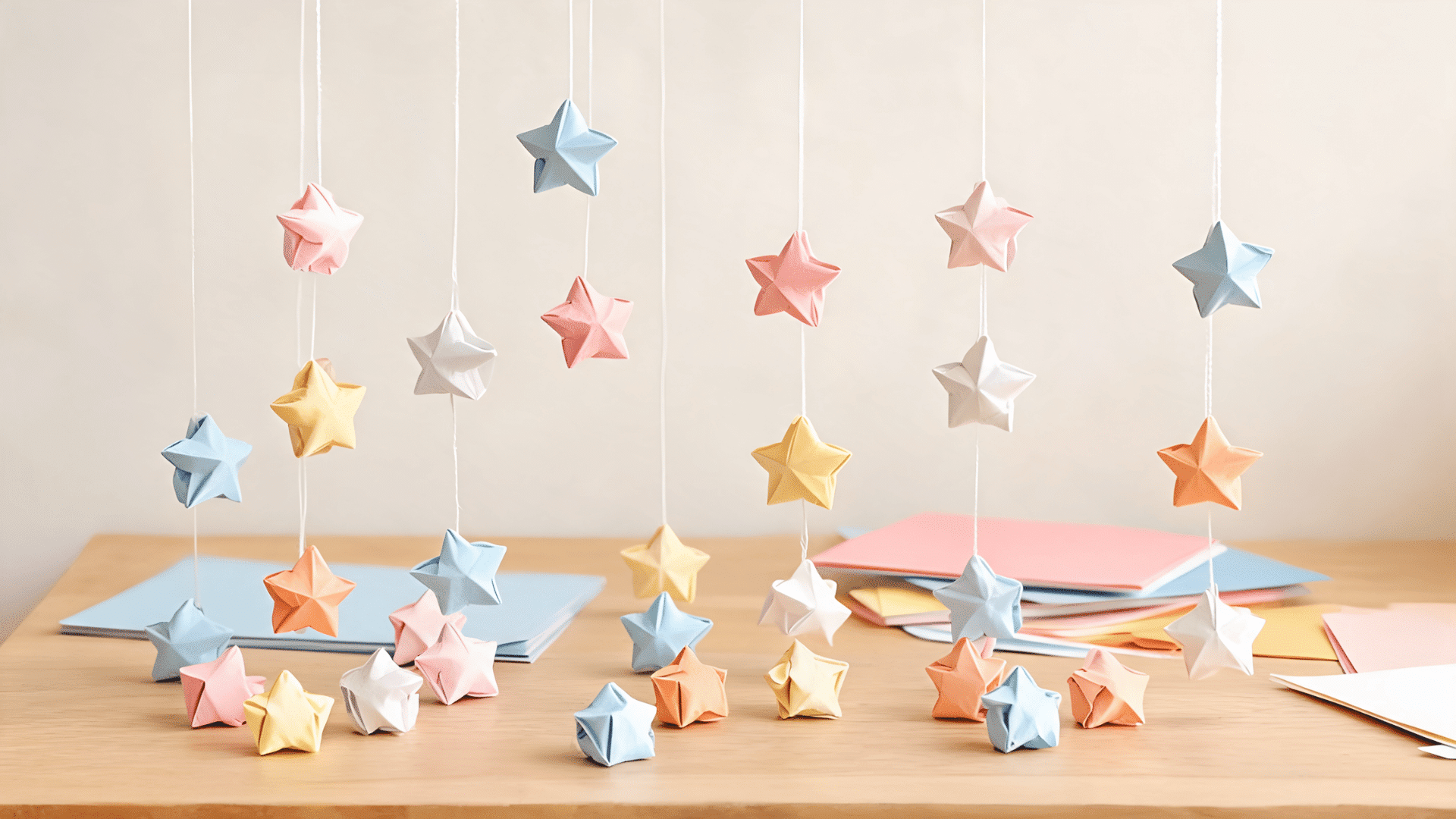 Hanging paper stars art showing folded paper stars with craft paper