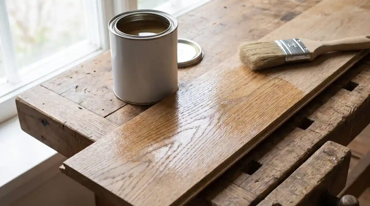 Hardwax oil tin next to sealed oak floor plank showing satin natural wood finish on interior surface.