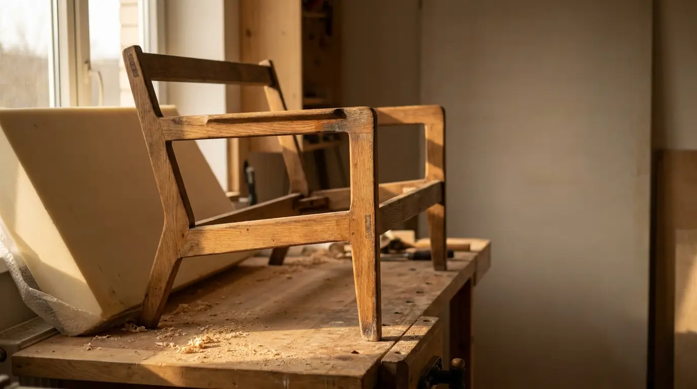 Wooden chair frame under construction on a workbench in a sunlit workshop