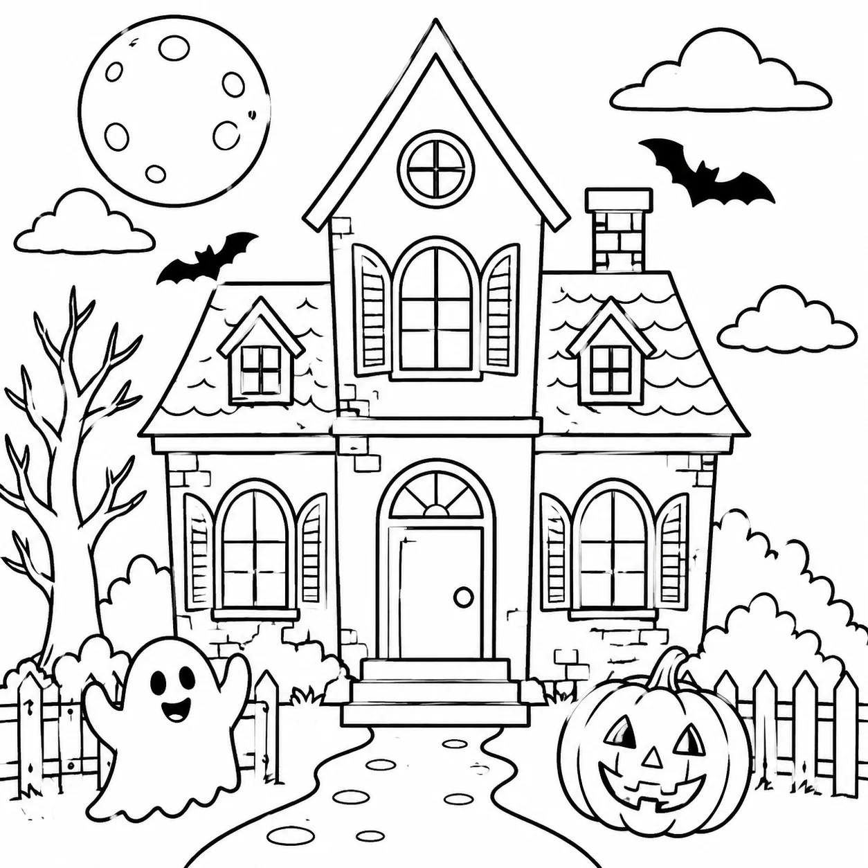Haunted house Halloween coloring page featuring detailed windows, shutters, and shadowy details for an intricate coloring challenge
