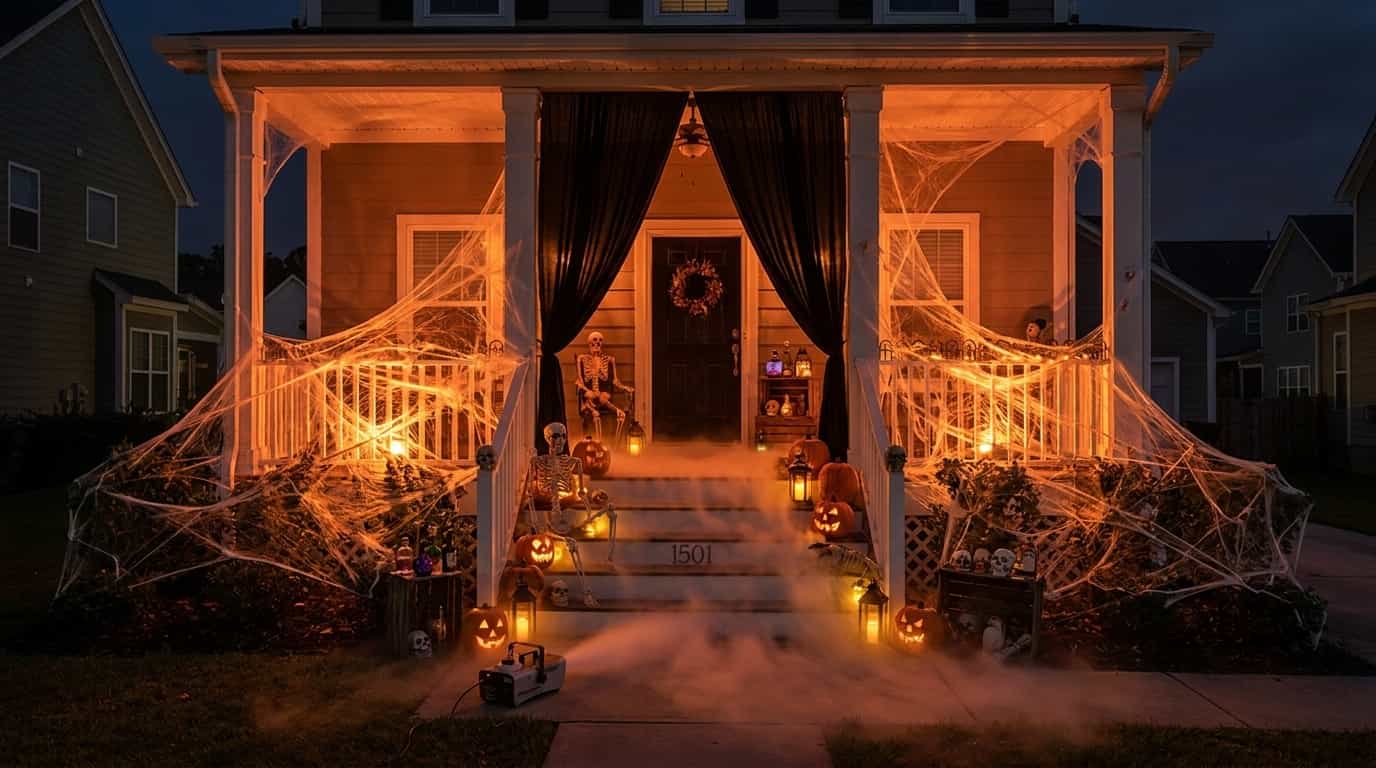 Haunted house entryway with fog effects, cobwebs, and spooky Halloween porch decorations