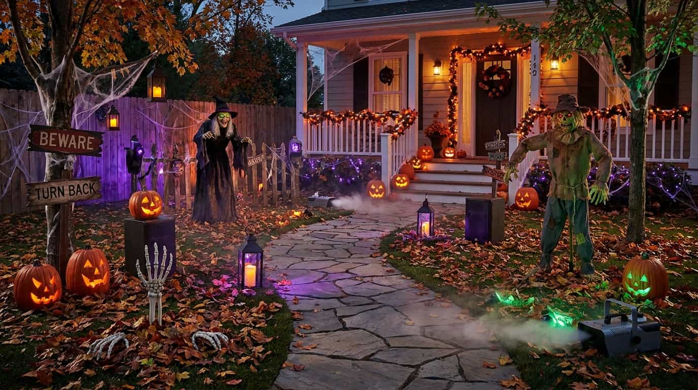 Haunted Halloween walkway with fog, lights, and interactive spooky decorations
