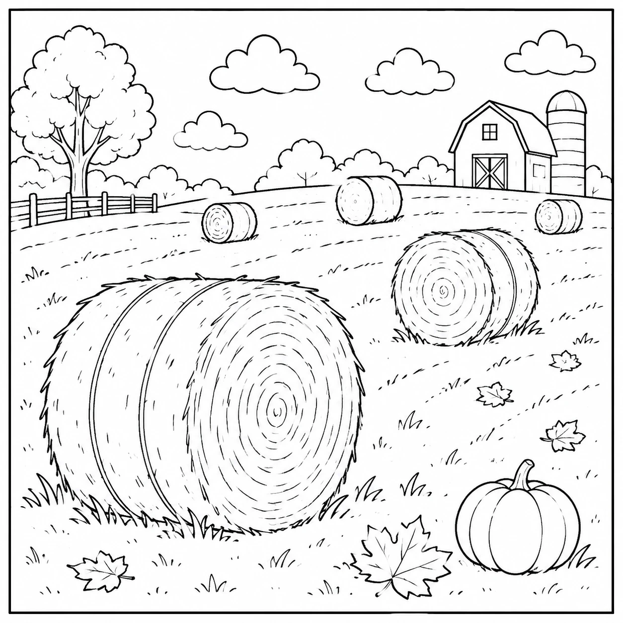 Hay bale coloring page with autumn farm field, pumpkins, and rustic countryside scenery for kids to color