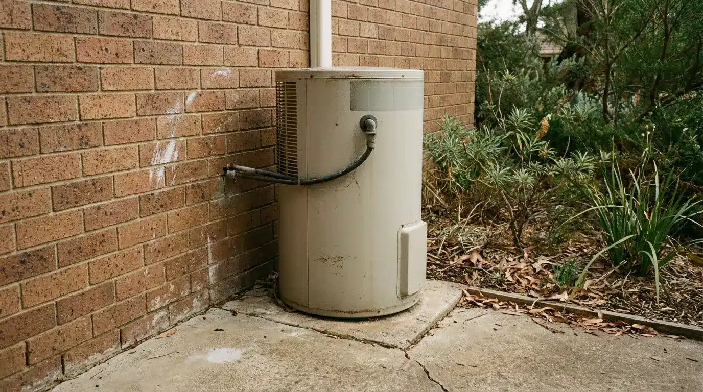 Outdoor water heater unit beside brick wall surrounded by greenery and scattered leaves