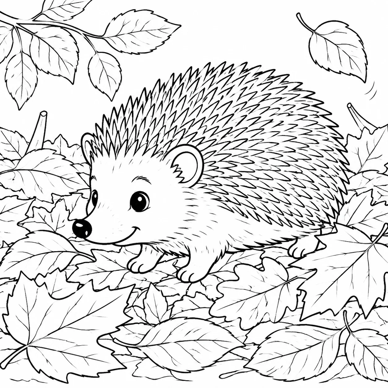 Black and white hedgehog fall coloring page with a cute woodland scene, fallen leaves, and detailed outline art for kids.