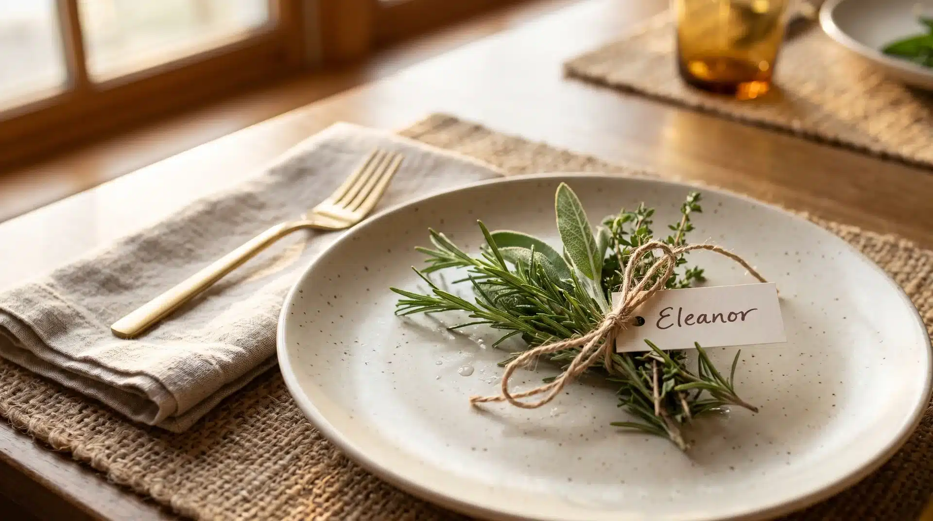Fresh rosemary sage and thyme bundle tied with twine on a cream stoneware plate with a handwritten place card.