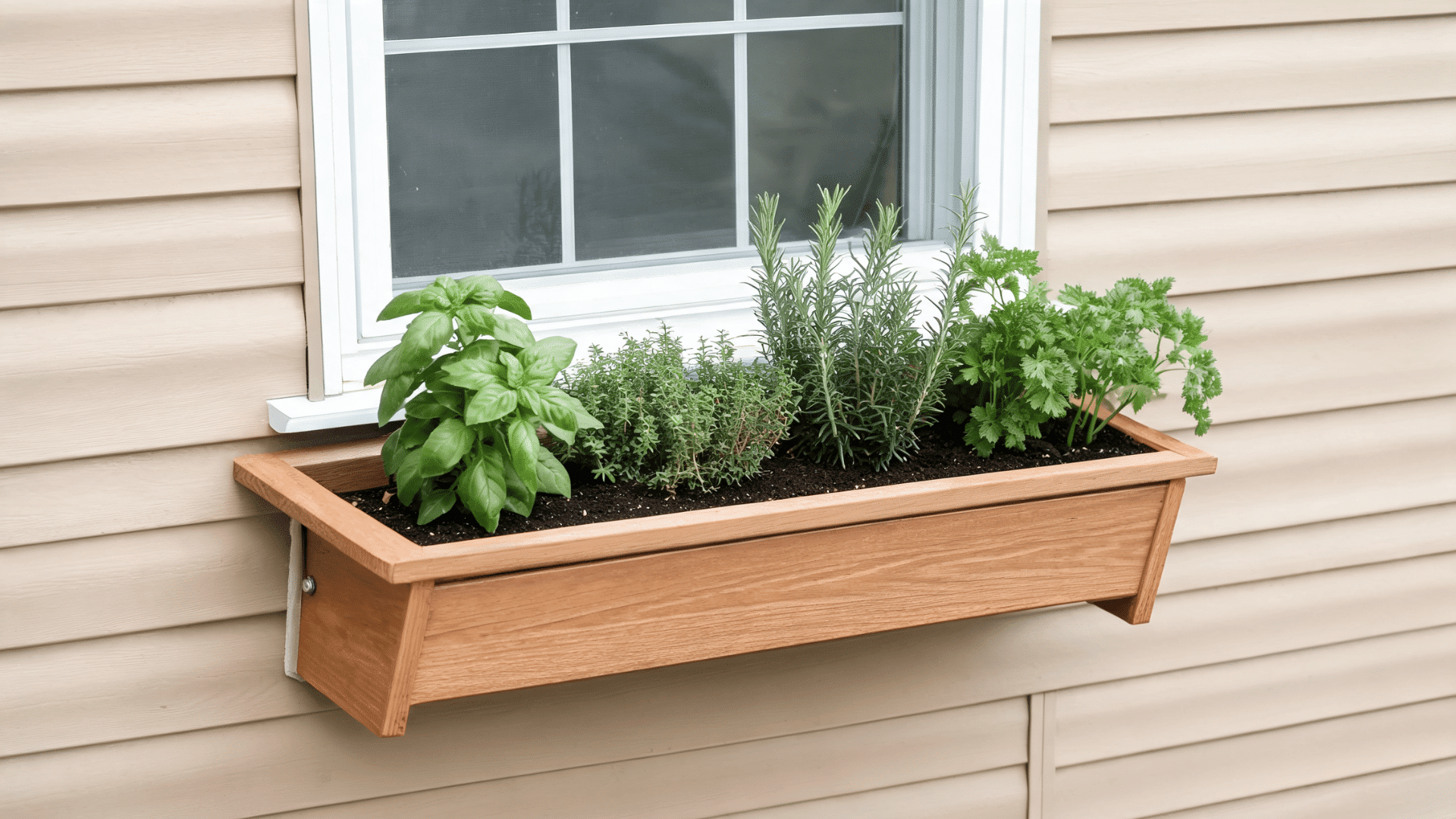 Wooden window box planted with basil, thyme, rosemary, and parsley beneath a house window.
