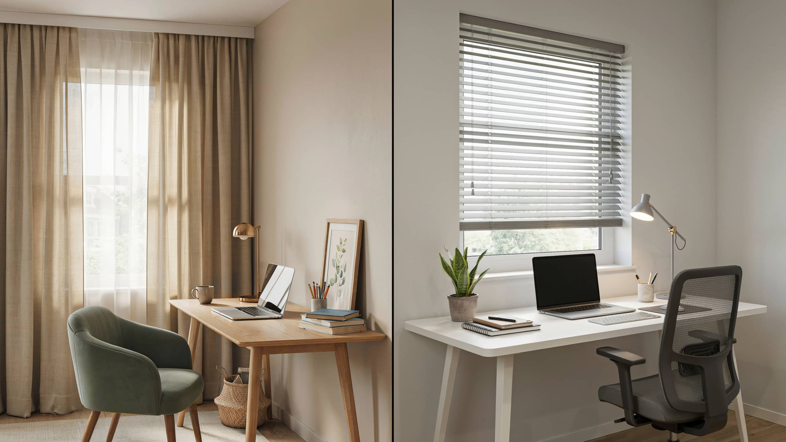 Home office comparison showing curtains and blinds for light control and glare reduction