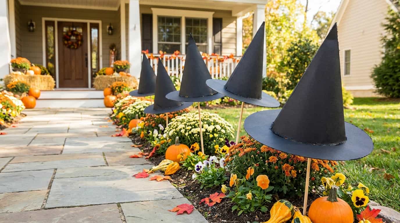 DIY black witch hat lawn stakes decorating a Halloween garden border