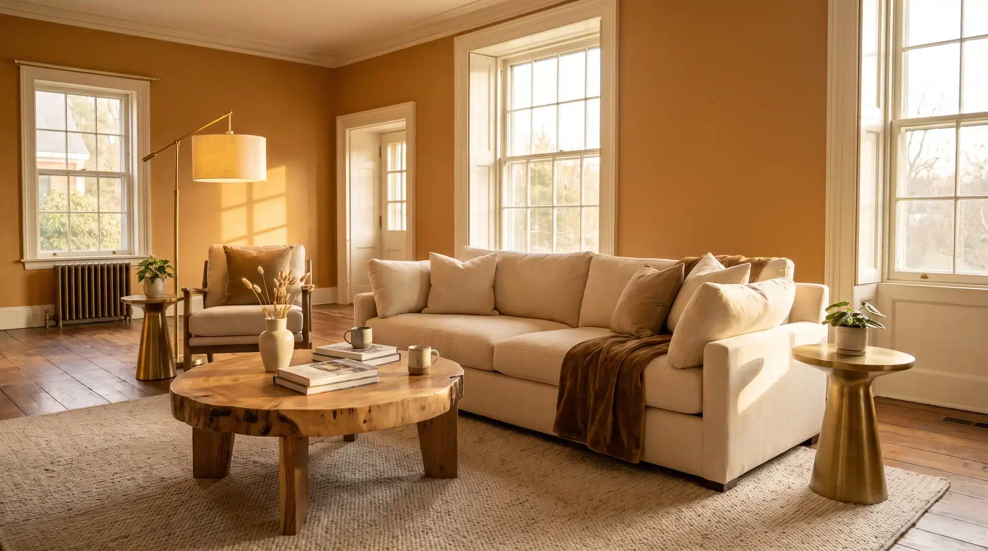 Full living room with Sherwin-Williams Caramelized honey amber walls cream sofa and brass lamp.