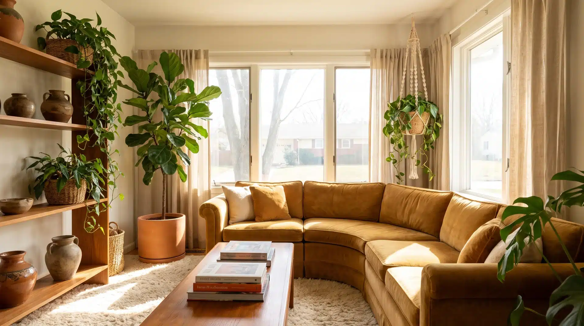 Large indoor plants bringing natural warmth to a retro living room.